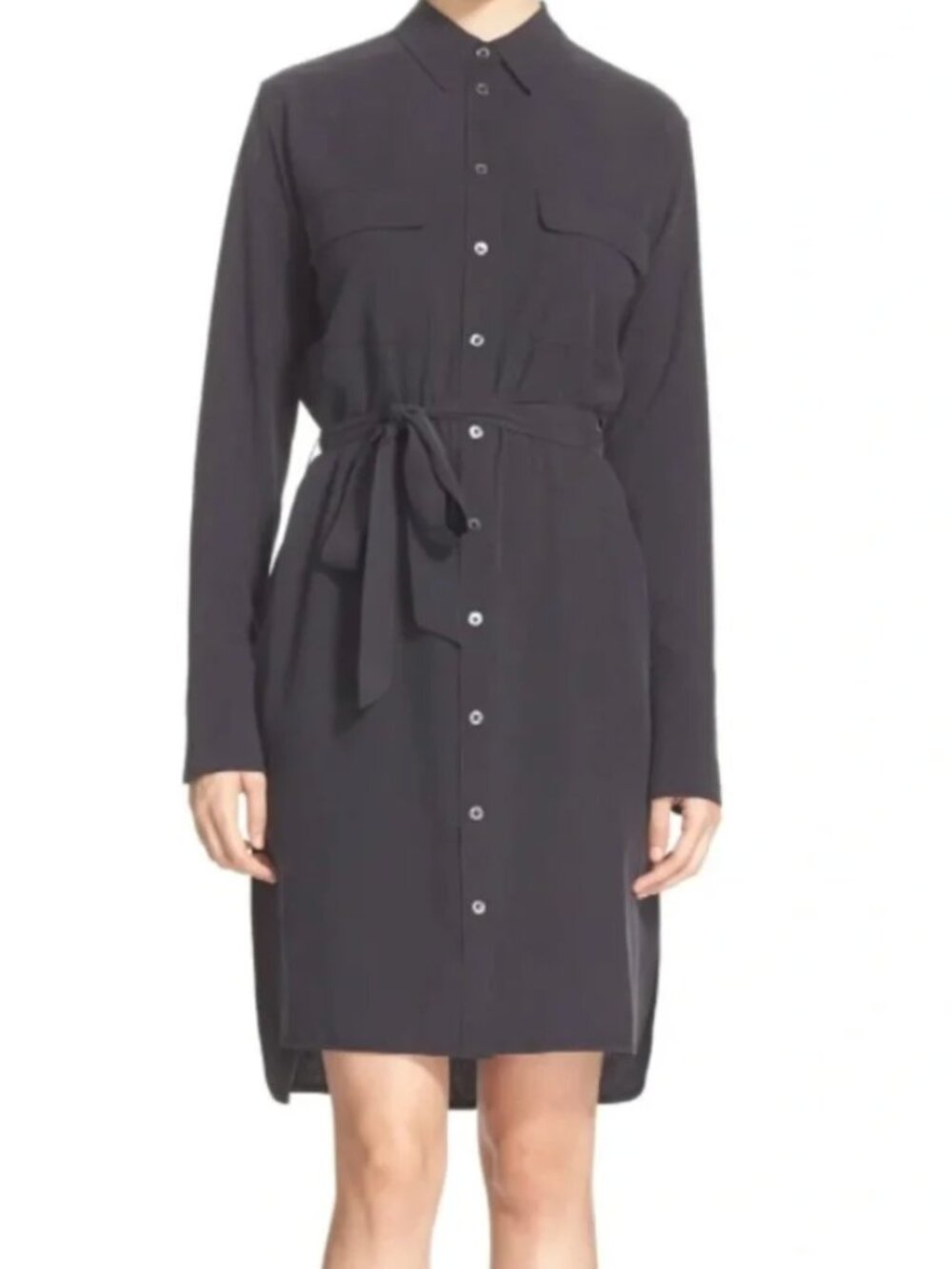 Equipment Femme 100% Silk Long Sleeve Belted Shirt Dress Black